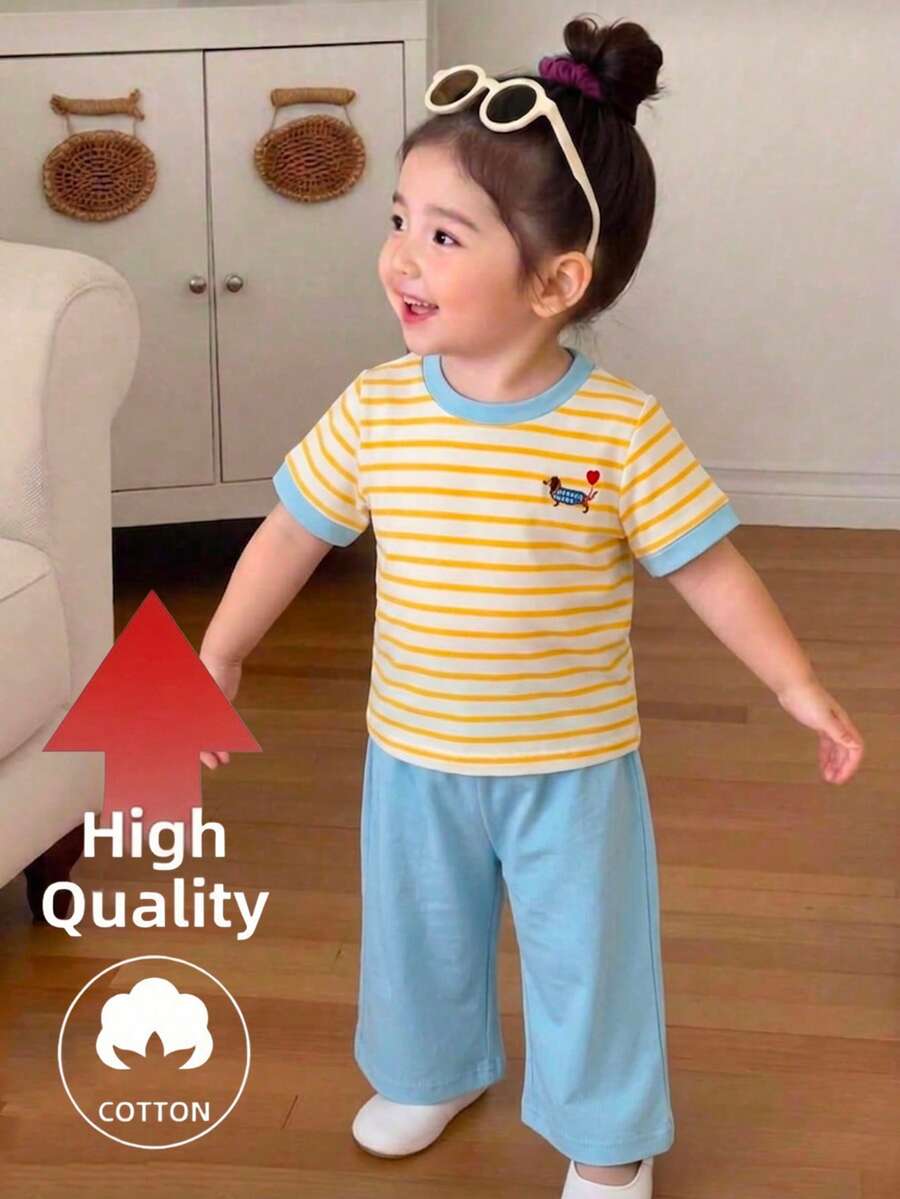 SHEIN 2pcs Infant Girl Summer Fashionable Simple Street Style Yellow & White Short Sleeve T-Shirt With Chest Embroidery & Blue Long Pants Set, Suitable For Daily School Wear - Yellow - View 1