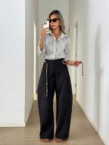 Easowa Women's Solid Color Pocket Button Loose Casual Elegant Business Long Pants, Versatile For Daily Wear Teachers' Day School Work Office Black Autumn - Black - View 7