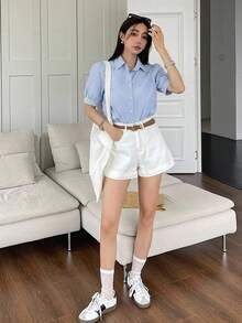 DAZY 春夏秋女款寬鬆休閒襯衫，有領、短袖、前開鈕扣，藍白細條紋 - 藍色 - 查看 8