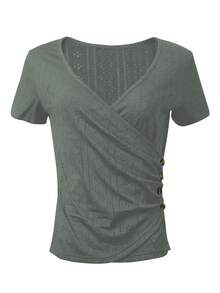EMERY ROSE Women's Solid Color V-Neck Short Sleeve Pleated Button Design Casual T-Shirt - Olive Green - View 3