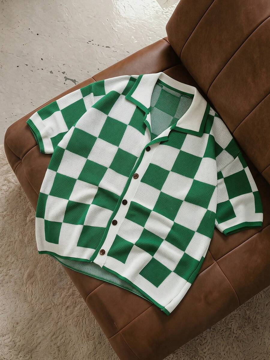 ROMWE MEN Áo khoác cardigan nam dệt họa tiết bàn cờ, cổ , tay ngắn, dáng rộng, phong cách retro, phối màu tương phản, nhẹ, thích hợp cho mùa hè. - màu xanh lá - Xem 1