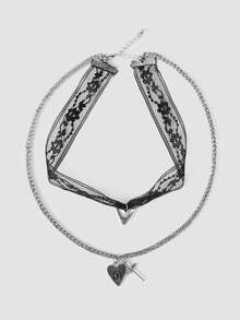 MortiRose A Vintage Gothic Cool Bohemian Lace Heart Cross Necklace - Vintage necklace - View 2