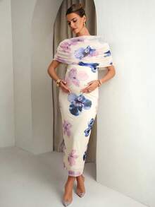 MaterniChic Maternity Floral Print Fitted Elegant Party Occasion Dress - Multicolor - View 3