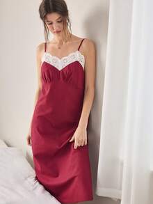 Ocili 女士镂空刺绣吊带裙家居服 - 酒紅色 - 查看 4
