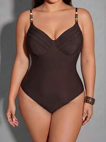 Shapewave Plus Size Women's Solid Color Beaded Detail Fashionable One-Piece Swimsuit Beach Brown Summer Sexy - Coffee Brown - View 4