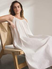 Ocili Camisón de algodón suave con bordado floral y diseño de botones huecos, vestido cómodo para el hogar para mujeres de talla grande - Blanco - Ver 7