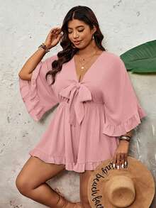 SHEIN VCAY Mono de talla grande para vacaciones de unicolor, manga de murciélago, bajo con volantes, cintura con lazo - Rosa - Ver 5