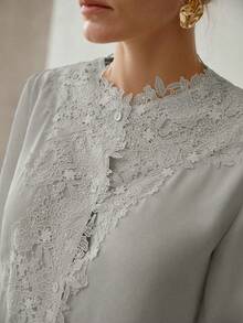 MOTF PREMIUM WOMEN'S ELEGANT LACE TRIM LONG SLEEVE BLOUSE - Light Grey - View 6