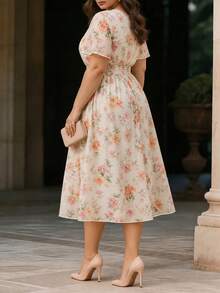 Velvienne Plus Size Summer New Snowflake Ditsy Floral Small Flower Fabric V-Neck Short Sleeve Ruffle Sleeve Bell Sleeve Waist-Cinching Full Skirt Women's Casual Dating Vacation Long Dress - Apricot - View 2
