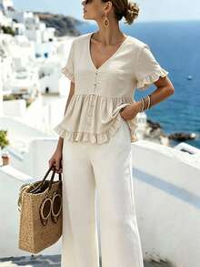 Linhara Plus Size Solid Color Linen Frill Trim Shirt, Flattering Summer Vacation Outfit - Beige - View 4