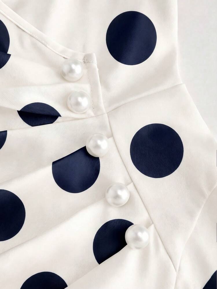 Franclia Women's Spring Summer Elegant Vintage Outing Brunch Bar Party Date Dress, Navy Blue And White Polka Dot Print, Cross-Over Waist Cinched, Ruched - Blue - View 7