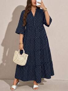 SHEIN LUNE 休閒簡約優雅大尺碼女款圓點印花洋裝，適合秋冬穿著 - 藏蓝色 - 查看 3