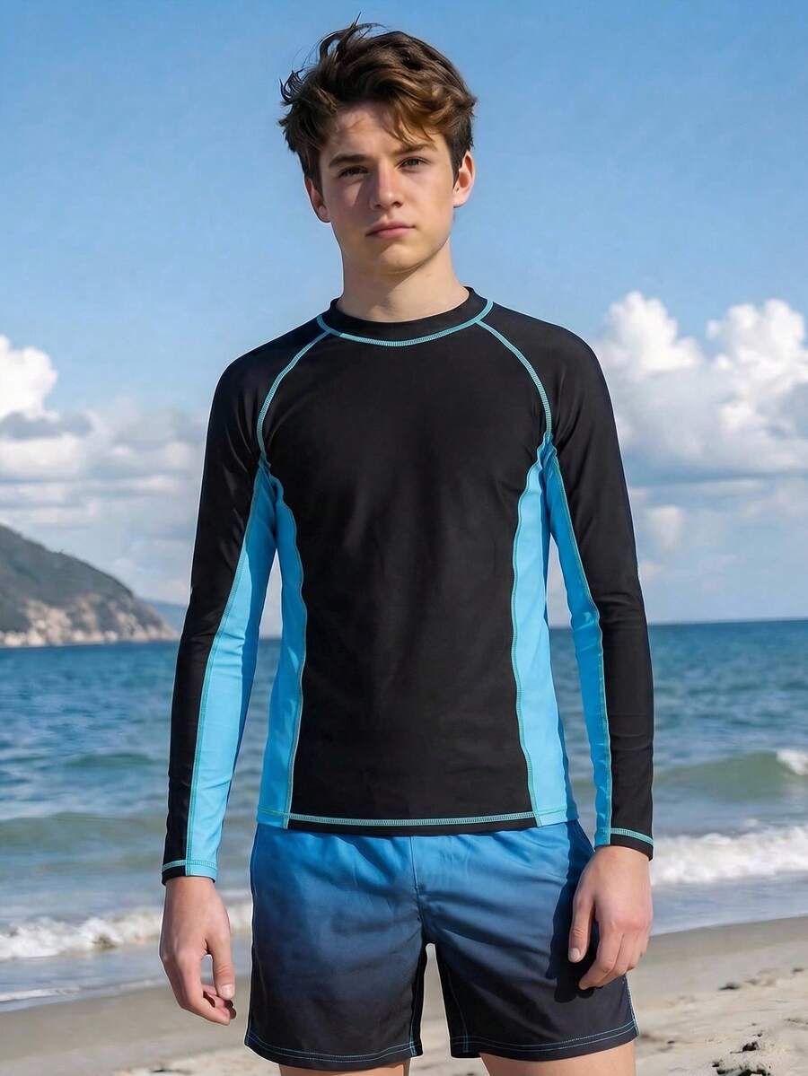 SHEIN 两件套青少年男童蓝黑渐变棕榈树印花圆领长袖上衣和短裤泳装套装,休闲舒适,百搭,适合日常穿着、游泳、音乐节、假期、海滩度假、夏季等场合。 - 彩色 - 查看 1