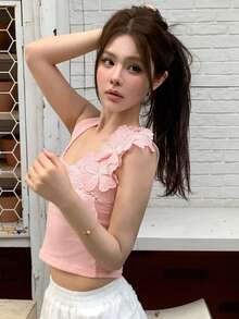 DAZY 女款 3D 花卉裝飾 羅紋修身時尚背心上衣 夏季 - 粉色 - 查看 3