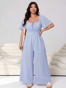 SHEIN EZwear 藍色休閒女款大尺碼條紋前綁帶短袖連身褲 - 彩色 - 查看 4