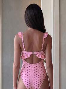 Swim Mod 2026 Spring/Summer New Leopard Print Random Pattern Thin Shoulder Strap Adjustable Lace Trim V-Neck Vacation Women's One-Piece Bikini Swimsuit - Multicolor - View 2