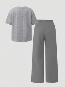 SHEIN Casuvi Kids 青少年男孩字母拼接圓領短袖T恤與長褲休閒套裝 - 灰色 - 查看 2