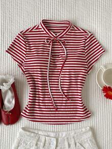 Comfortcana Camiseta de manga corta a rayas casual de verano para mujer - Rojo y blanco - Ver 3