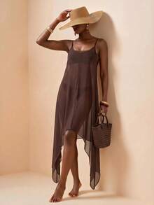 Zivah Women's Brown Long Strap Beach Cover-Up Dress, Featuring Bottom Collar And Asymmetrical Hem, Suitable For Various Occasions Including Music Festivals, St. Patrick's Day, Valentine's Day, Dates, Western Theme, And Nomad Style - Brown - View 11