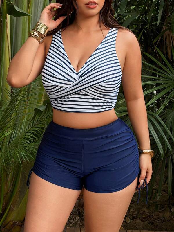 SHEIN CURVE+ Plus Size Women's Blue And White Striped Halter Neck Swimsuit Top With Solid Color Tie-Up High Waist Bikini Bottoms, Mature Style Tank Bikini For Beach Vacation