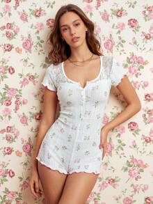 Women's Floral Print Contrast Lace Romper Sleepwear - White - View 3