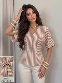 NOVVYNE Elegant Neutral Vertical Stripe V Neck Back Bow Peplum Slim Fit Trouser Matching Cami - Khaki - View 1