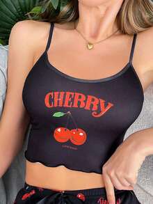 Softscene Women's Cute Black Cherry Print Spaghetti Strap Pajama Crop Top With Lettuce Trim - Multicolor - View 4