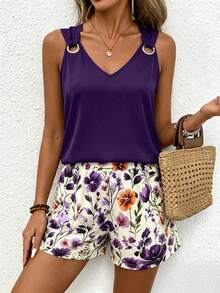 EMERY ROSE Setelan 2 Potong Wanita Tanpa Lengan Leher V Kasual Minimalis Bergaris - Purple - View 6