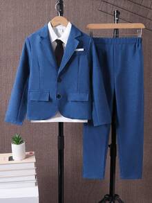SHEIN Bộ vest 2 món cho bé trai tuổi teen, trang phục quý ông lịch sự cao cấp, thời trang nam tính cho tiệc, công sở, đám cưới, biểu diễn sân khấu và MC, áo blazer dài tay + quần dài, mùa xuân hè thu - Màu xanh hải quân - Xem 3