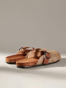 Solecia Women's Shoes Spring And Summer New Woven Grain Pattern, Gold Woven Tape Design, Buckle, Round Toe Design, Slip-On Exposed Heel, Comfortable And Simple Vacation, Women's Flat Shoes, A Must For Commuting, Casual And Versatile - Brown - View 5
