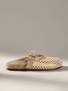 Solecia Women's Shoes Spring And Summer New Woven Upper Buckle Decorative Round Toe Design, Slip-On Dew Heel Comfortable Simple Holiday Flat Shoes - Khaki - View 4