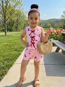SHEIN Young Girl Casual Simple Comfortable Round Neck Sleeveless Cherry Plaid Pattern Tie Bow Ruffle Hem Tank Top And Shorts Set - Pink - View 2