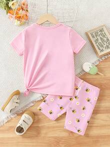 Blind Box Set 1pc Girls Toddler Bee Flower Heart Letter Print Basic Short Sleeve T-Shirt And Cycling Pants - Multicolor - View 5