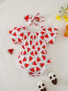 SHEIN Baby Girl Pattern Print Short Sleeve Bodysuit - Red - View 7