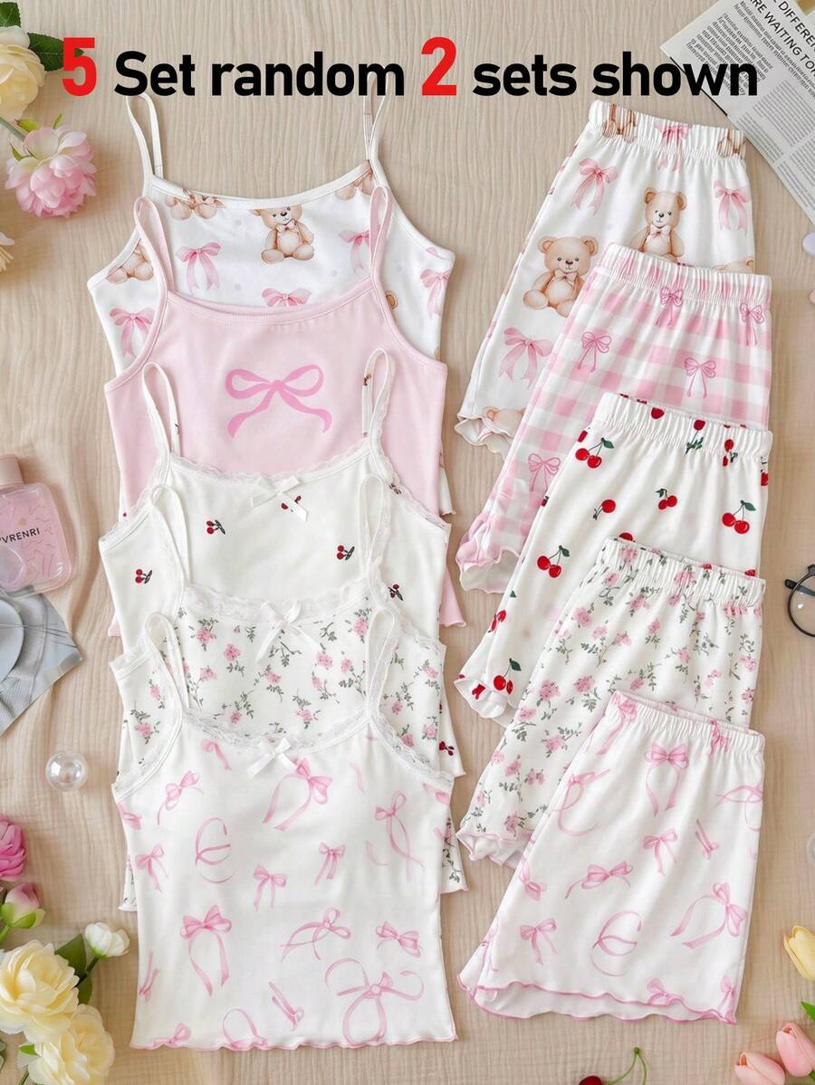 SHEIN 4 piezas Conjunto de pijamas para niñas preadolescentes - Decoración con moño y estampado de oso de dibujos animados en camiseta y pantalones cortos - Multicolor - Ver 1