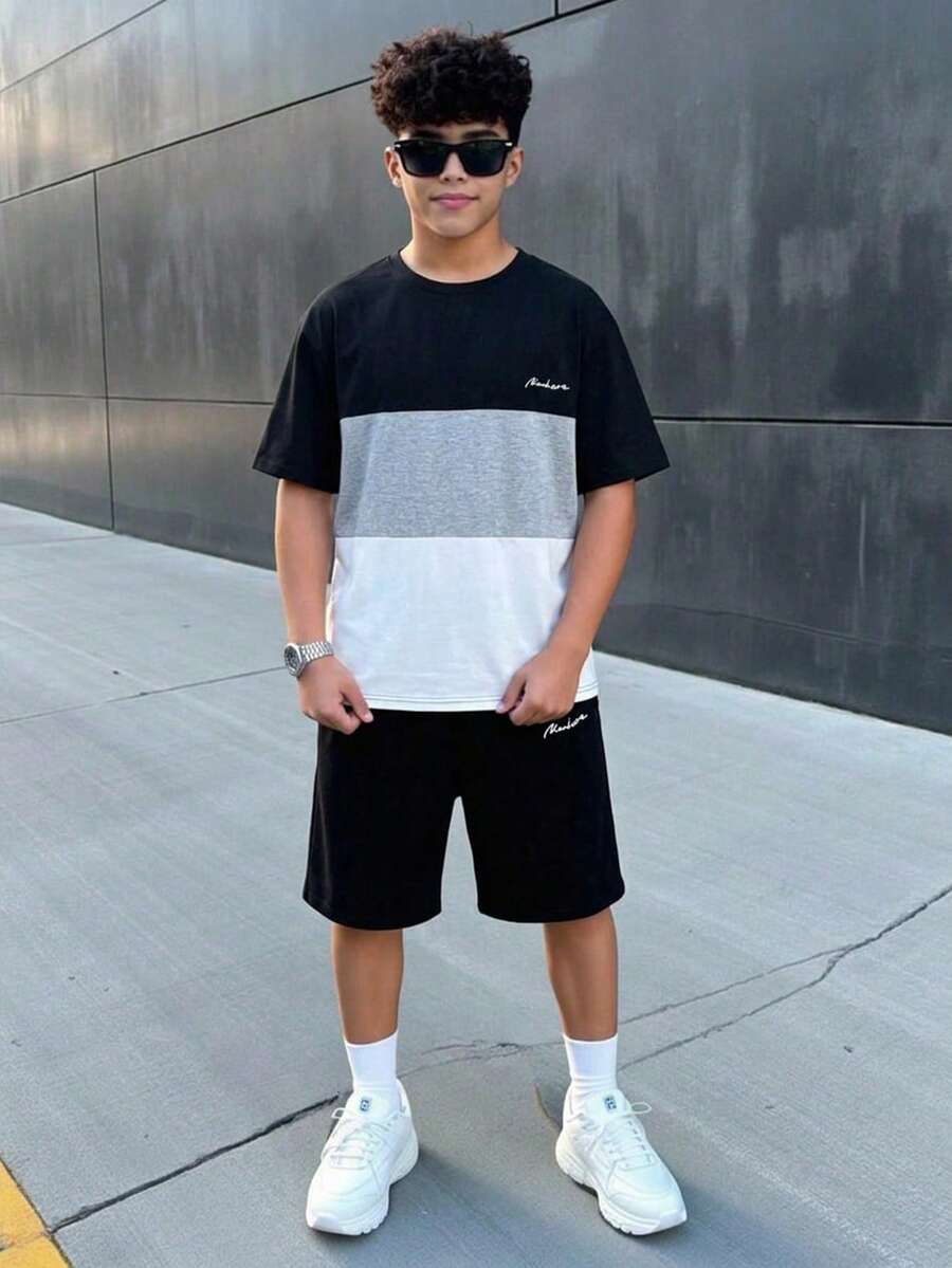 SHEIN 兒童青少年男童2件組拼接對比色字母印花短袖T恤短褲套裝，休閒、上學、旅行、運動、日常、度假，柔軟舒適