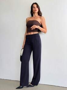 SHEIN Tall 女款時尚休閒優雅復古口袋喇叭褲，老錢風，商務辦公穿搭，返校季，海軍藍，秋季教師節 - 藏蓝色 - 查看 6