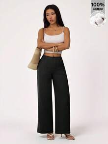 SHEIN PETITE Celana Panjang Lurus Pinggang Rendah 100% Katun Cuci, Wanita Bertubuh Mungil - Hitam - View 3