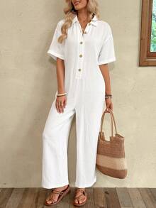 EMERY ROSE Áo sơ mi jumpsuit nữ màu trơn tay ngắn, vạt cài nút nửa thân, phong cách casual cho đi du lịch - trắng - Xem 9