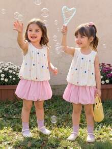 Genkimix Kids Genkimix 女童彩色波点印花休闲无袖上衣 + 纯色休闲荷叶边短裤套装（2件） - 彩色 - 查看 3