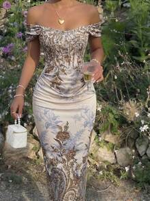 SHEIN MOD 女款露肩植物印花百褶收腰優雅長洋裝，適合約會與派對 - 乾枯玫瑰色 - 查看 3