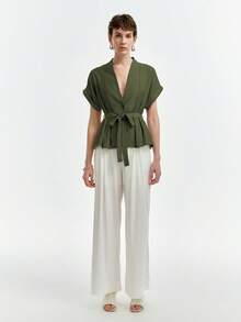 Aalyst Women's Spring/Summer Commute Single-Thread Bamboo Linen Solid Color V-Neck Pleated Dropped Shoulder Cuffed Short Sleeve Blouse - Army Green - View 3