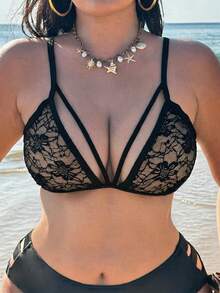 Swim SXY 大尺碼女款素色性感比基尼上衣，適合夏季海灘穿著 - 黑色 - 查看 3