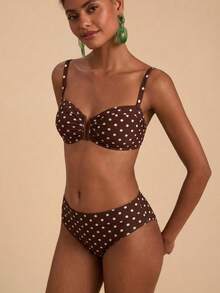 Travachic Conjunto de Maiô com Estampa de Poá para Mulheres, Adequado para Férias na Praia - Castanho - Visão 5