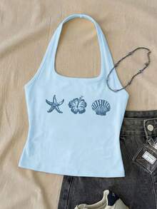 Tween Girls Light Blue Long Casual Halter Neck Top, Slim Fit Tank Top For Summer - White - View 3