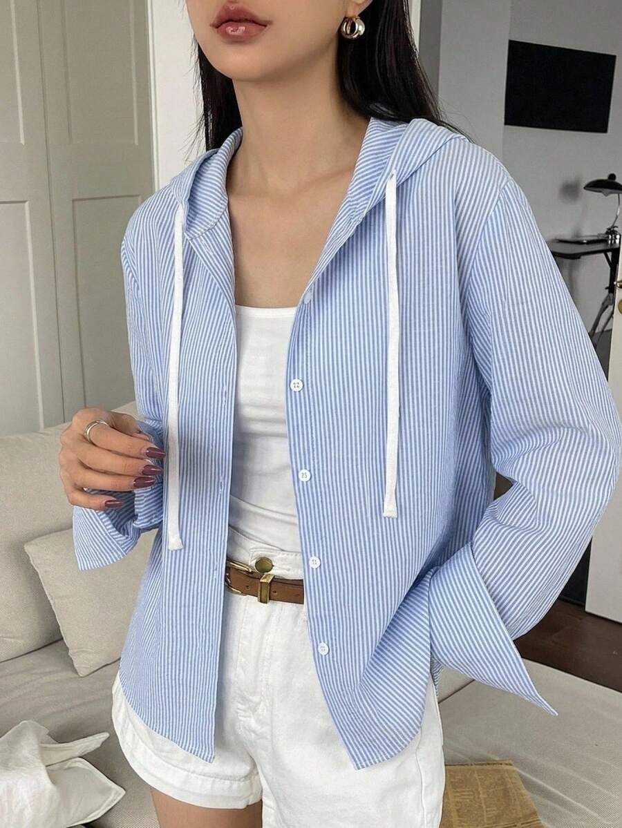 DAZY 女款休閒通勤條紋長袖連帽襯衫 夏季 - 藍白色 - 查看 1