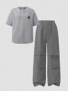 SHEIN Casuvi Kids 青少年男孩字母拼接圓領短袖T恤與長褲休閒套裝 - 灰色 - 查看 5