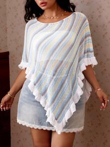 CovetEZ Blue & Yellow Striped Mesh Knit Plus Size Beach Cover-Up, New Spring/Summer - Multicolor - View 1