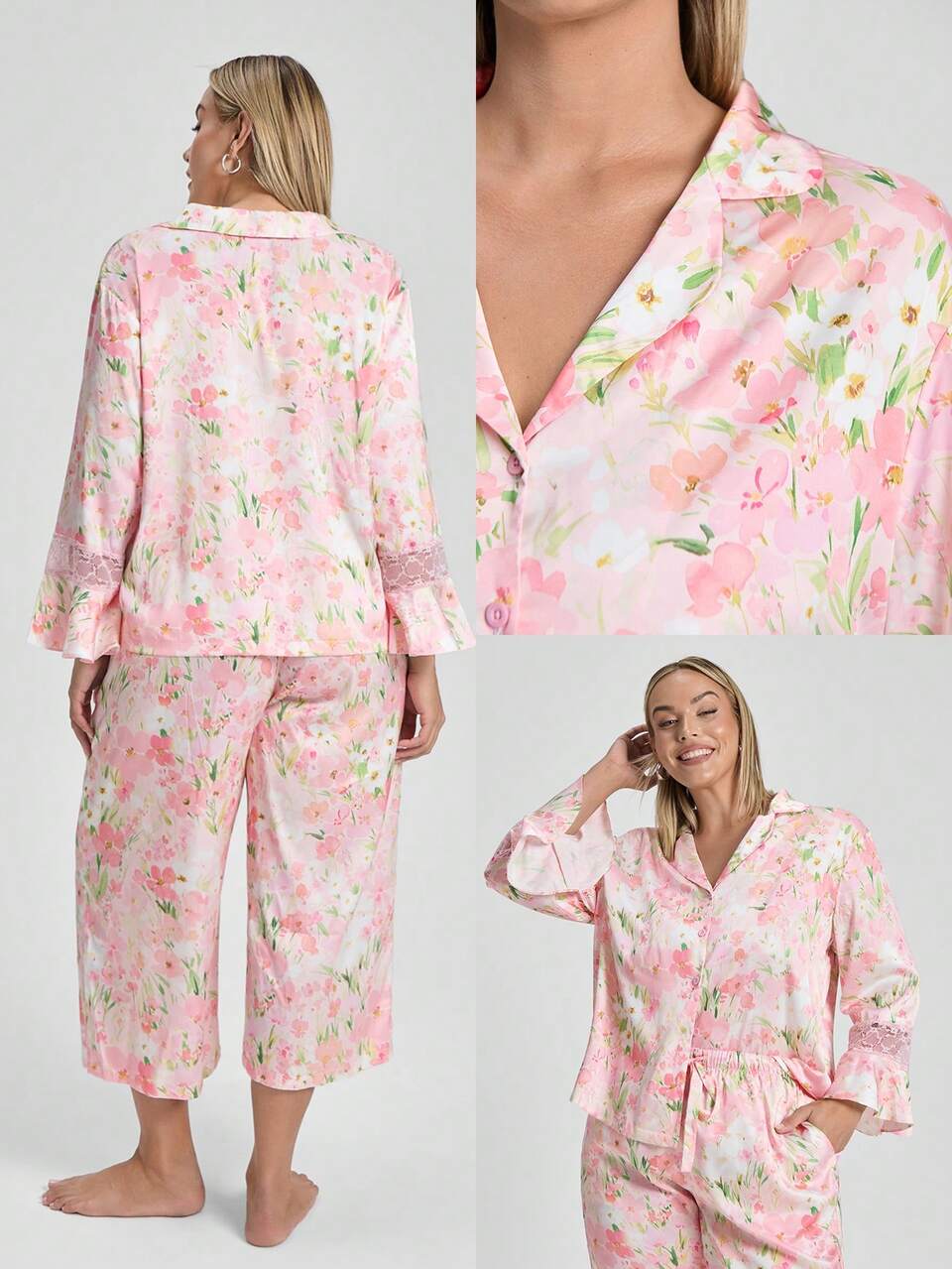 Conjunto de pijama elegante y sexy de talla grande con estampado floral rosa - Top de manga larga y pantalones de pierna ancha con ribete de encaje, ropa de descanso encantadora. Artículos de boda ahora