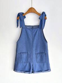SHEIN Tween Girl Girls' Blue Denim Loose Overalls Shorts - Medium Wash - View 3